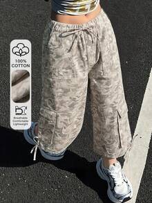 DAZY Women's Camouflage Pattern Waist Tie Cargo Pocket Capri Jeans Vacation Gray Summer Baggy Streetwear - Beige - View 1