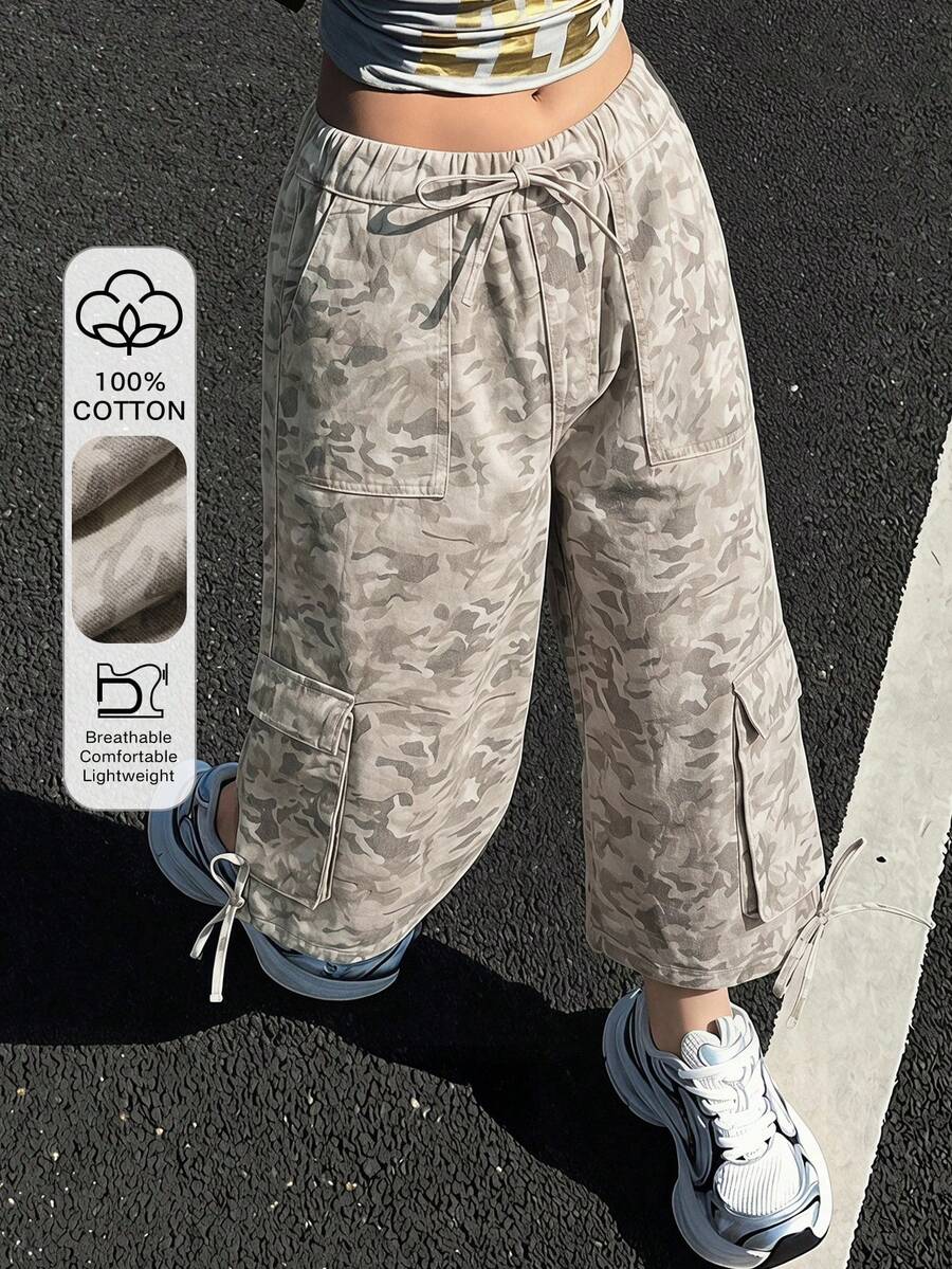 DAZY Women's Camouflage Pattern Waist Tie Cargo Pocket Capri Jeans Vacation Gray Summer Baggy Streetwear - Beige - View 1