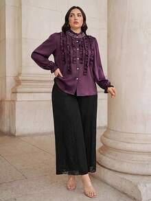 Graceveil Elegant Solid Color Ruffle Collar Long Sleeve Fitted Plus Size Blouse, Suitable For Spring And Autumn Elegant Blouse For Women Vacation - Purple - View 5
