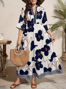Comfylo Plus Size Floral Print Vacation Casual Boho Bohemian Dress Navy Blue Summer - Multicolor - View 2