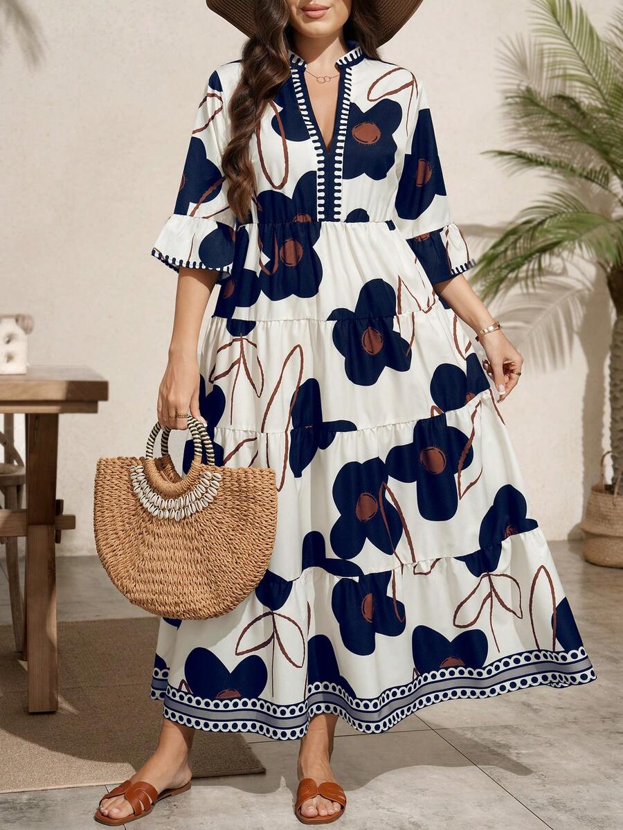 Comfylo Plus Size Floral Print Vacation Casual Boho Bohemian Dress Navy Blue Summer