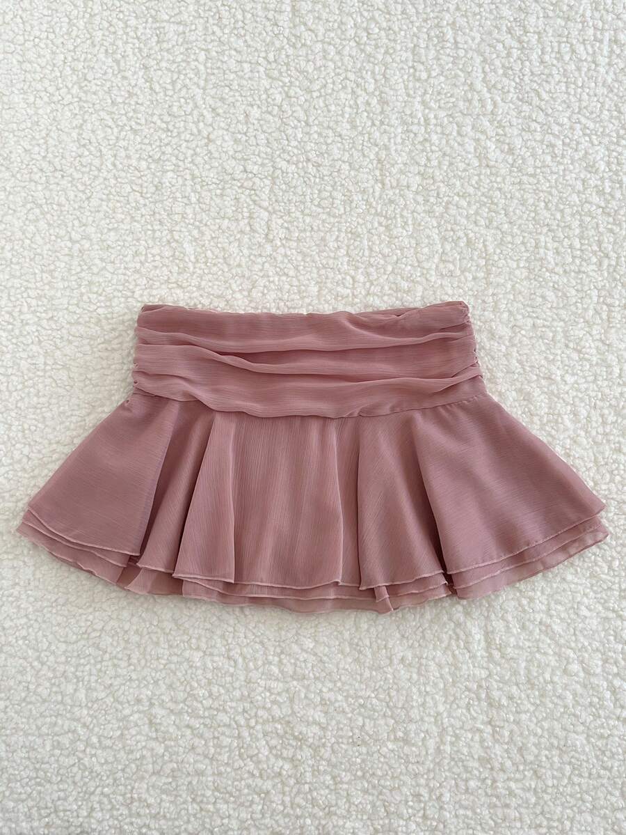 INAWLY Autumn Elegant Romantic Cute Solid Color Flowy Skirt Vacation Dusty Rose - Pink - View 1