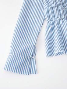 SHEIN 青少年女孩休閒返校風藍色長袖喇叭下擺荷葉邊上衣，聚酯纖維彈性針織 - 藍色 - 查看 5
