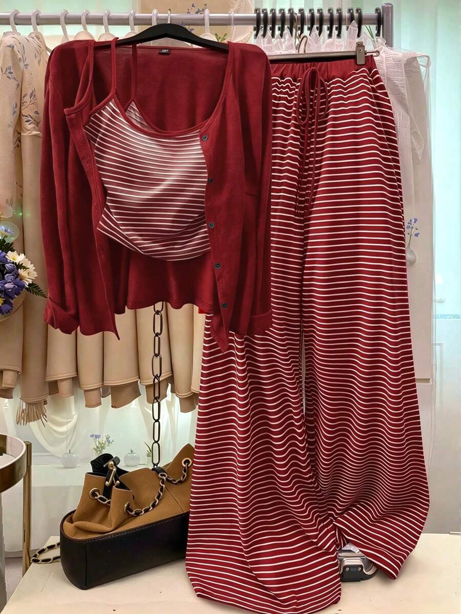 GlowEve CURVE Plus Size Knit Solid Color Cardigan With Front Button Closure, Striped Slim Fit Camisole Decor, Drawstring Detail, Elegant Casual Commute Daily Outing Long Pants - Burgundy - View 1