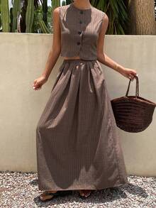 DAZY Spring/Summer New Textured Design Sleeveless Top Skirt Set Women's 2 Pieces Outfit Vacation Coffee Brown Elegant Minimalist - Brown - View 4