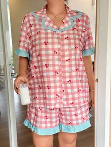 Dream Adore Women's Plus Size Cherry Heart Print Short Sleeve & Shorts Pajama Set, Ruffle Trim, Cute Style, Summer Season, Suitable For Home And Outdoor Wear - Pink - View 3