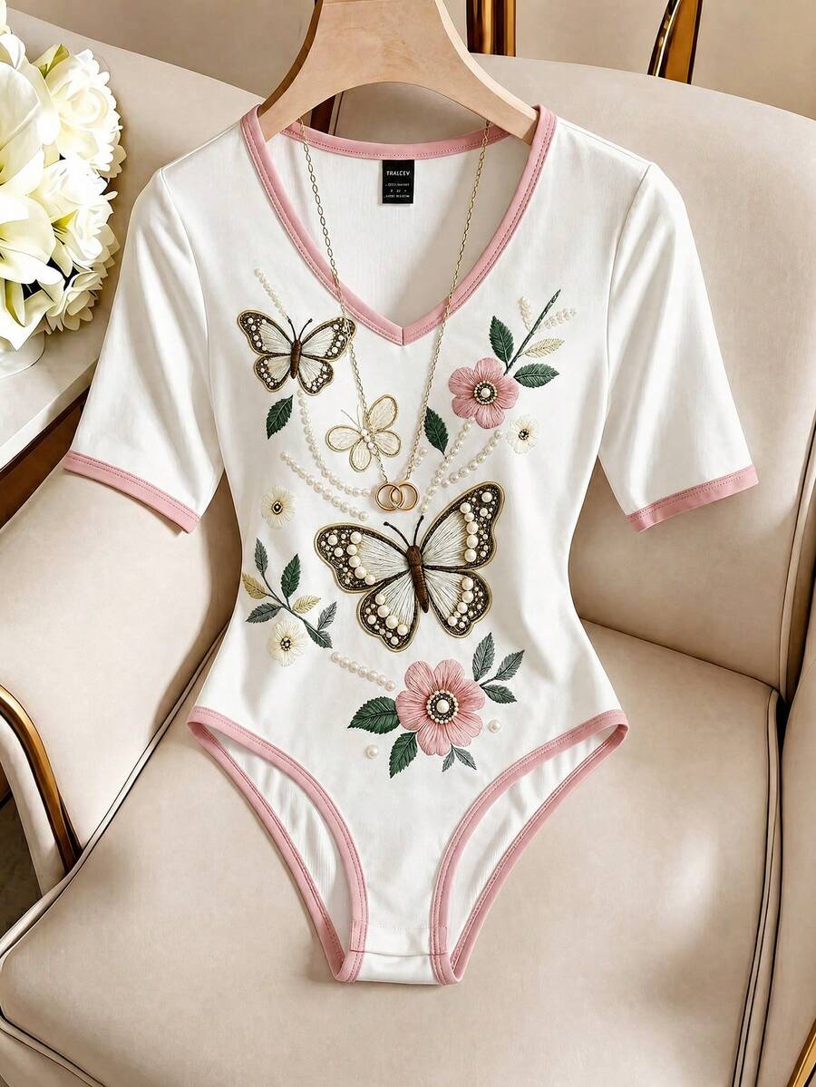 SHEIN Franclia 時尚女款對比色條紋針織V領貼身圖案連身衣，拼色設計，簡約百搭，露肩款式，適合春、夏、秋、冬，約會與度假的理想夏季單品 - 白色 - 查看 1