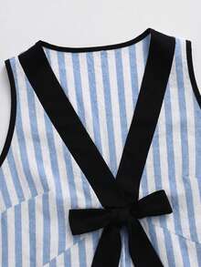 SHEIN Holidaya 女款春夏新款藍白條紋拼接100%純棉寬鬆V領度假休閒海濱熱帶風洋裝 - 藍白色 - 查看 5