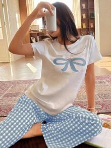 Napfluff 可愛蝴蝶結刺繡上衣與格紋長褲女款睡衣套裝 - 淺藍色 - 查看 3