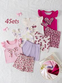 SHEIN Playful Pals 4套幼童女嬰可愛豹紋花卉蝴蝶結荷葉袖軟綿兩件式套裝 夏季短褲上衣套裝 度假海灘穿搭 粉色白色 - 彩色 - 查看 7