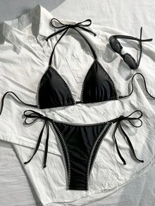 Swim Mod Women's 2-Piece Solid Color Sweet Cute Halter Neck Tie Bikini Set With Side Lace-Up Pants, Casual Beach Vacation Bikini Set - Black - View 2