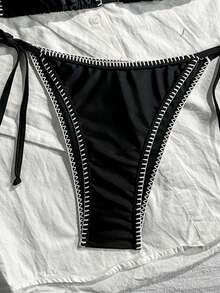 Swim Mod Women's 2-Piece Solid Color Sweet Cute Halter Neck Tie Bikini Set With Side Lace-Up Pants, Casual Beach Vacation Bikini Set - Black - View 6