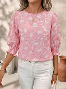 SHEIN Clasi 圓領抓皺浪漫雛菊刺繡上衣 - 粉色 - 查看 4