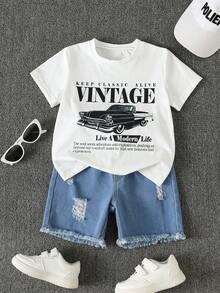 SHEIN 2er Set Kinder Lässig Vielseitig Bequem Amerikanisches Vintage Auto Muster Rundhals Lockerer Pullover Kurzarm Strick T-Shirt & Denim Shorts Set, Geeignet für Sommer - Verschiedenfarbig - Übersicht 3