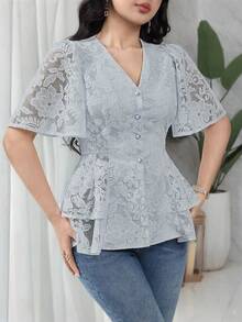 Feyla Women's Elegant Solid Color Lace Blouse, Summer - Blue - View 3