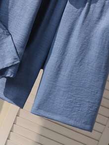 SHEIN 青少年男孩純色單排扣短袖襯衫與短褲休閒日常2件套 - 藍色 - 查看 5
