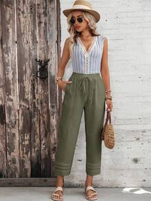 EMERY ROSE Pantalones largos holgados casuales con bolsillo y lazo en la cintura de unicolor para mujer - Verde Caza - Ver 7
