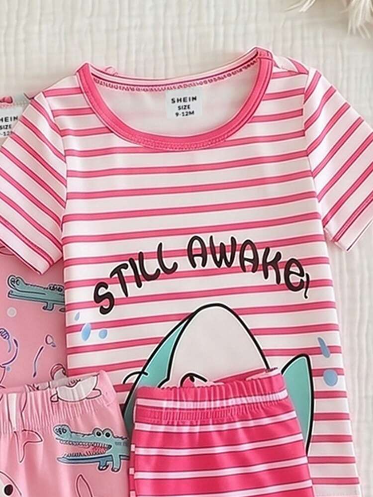 [1 Set Aleatorio] Conjunto de niña bebé primavera/verano lindo y de moda con rayas rosas con estampado de estrella, nube, elefante, cuello redondo, suéter de punto de alta elasticidad, ajuste ceñido, cómodo, casual, manga corta & pantalones largos, adecuado para el hogar y salidas - Multicolor - Añade 4