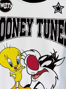 LOONEY TUNES X SHEIN 女士全印花休闲卡通英文字母图案圆领长袖运动衫，秋冬舒适穿着 - 白色 - 查看 5