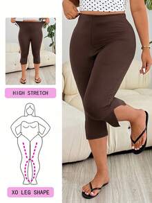 Solflare Chocolate Brown Plus Size Women's Capri Leggings, Spring/Summer Clothes - Chocolate Brown - View 2