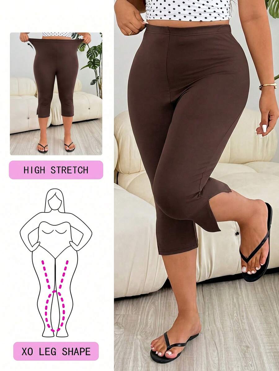 Solflare Chocolate Brown Plus Size Women's Capri Leggings, Spring/Summer Clothes