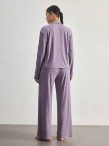 Ocili Soft Floral Print Pajama Set With Collar, Long Sleeve Top And Pants For Women - Purple - View 2