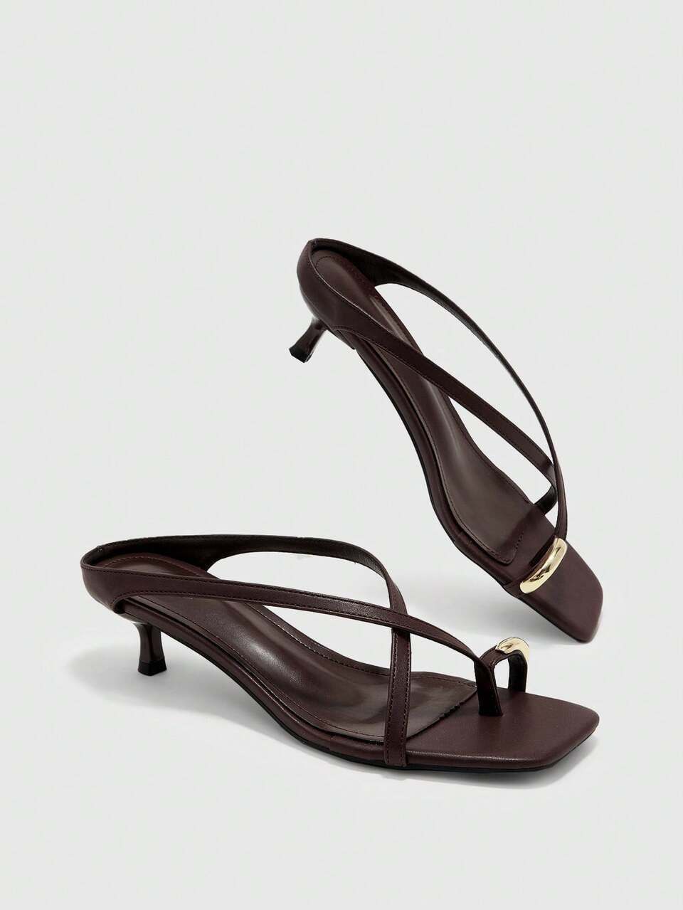 CUCCOO BIZCHIC Women Shoes Spring And Summer New Brown Thin Strip Metal Buckle Open Toe Pinch Feet Women's Middle Heel Sandals Slippers Simple Fashion And Comfort Da