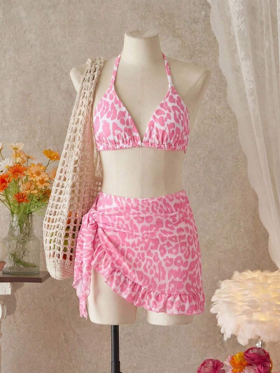 SHEIN 3件套少女泳衣，粉色豹纹印花，休闲度假风，适合海滩、夏季假期、游泳派对、泳池、河流等场合。