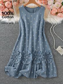 SHEIN LUNE 大尺碼女款度假風雛菊刺繡荷葉邊圓領洋裝 - 彩色 - 查看 6