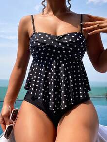 Swim Lushoire 女款夏季海灘波點荷葉邊分體式比基尼上衣與三角比基尼下褲兩件式泳衣套裝 - 黑與白 - 查看 1