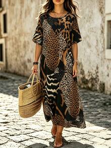 Linhara CURVE Gaun Pesta & Perjalanan Kasual Motif Leopard Leher Bulat untuk Wanita Ukuran Besar - Hitam - View 1