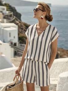 EMERY ROSE Women's V-Neck Striped Colorblock Top And Shorts Casual Daily 2-Piece Set - Apricot - View 3