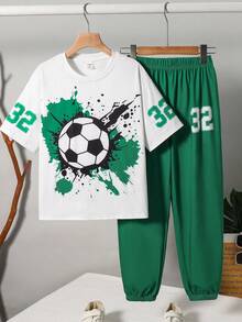 SHEIN 2件組兒童青少年男孩休閒運動風籃球潑墨圖案圓領白色T恤與綠色運動長褲套裝，夏季上衣，男孩套裝，適合春季/夏季、情人節、外出、夏季穿搭、海邊週末、家庭聚會、返校、婚禮季節、運動、生日派對 - 彩色 - 查看 3