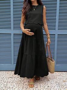 Boho Mama 孕婦純色圓領上衣與可調腰圍裙子休閒日常兩件套 - 黑色 - 查看 6