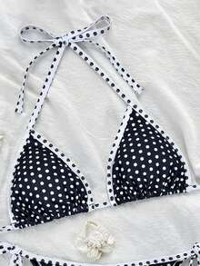 Swim Mod 女款夏季新款波點飾邊性感比基尼兩件式泳衣 性感風格海灘度假泳裝 - 黑色 - 查看 5