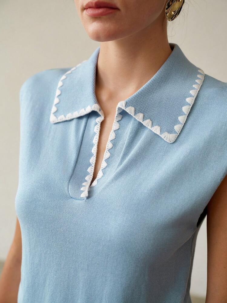 CONTRAST BINDING V-COLLAR WIDE HEM KNIT TOP