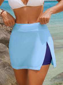 Swim Lushoire 女款素色海灘側開衩優雅裙褲設計泳裝海灘褲 - 藍色 - 查看 1