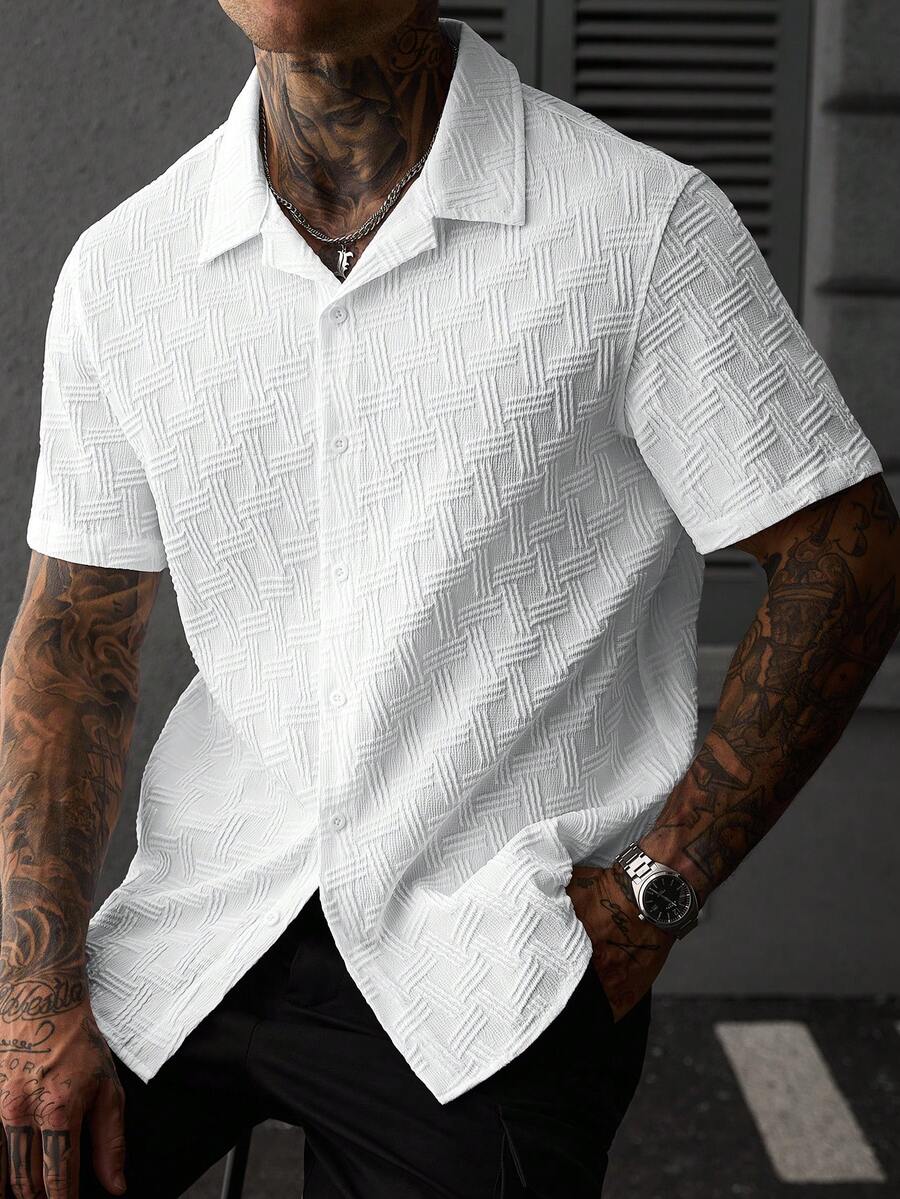 SLATEMANN Solid Color Knit Jacquard Men's Short Sleeve Shirt - White - View 1