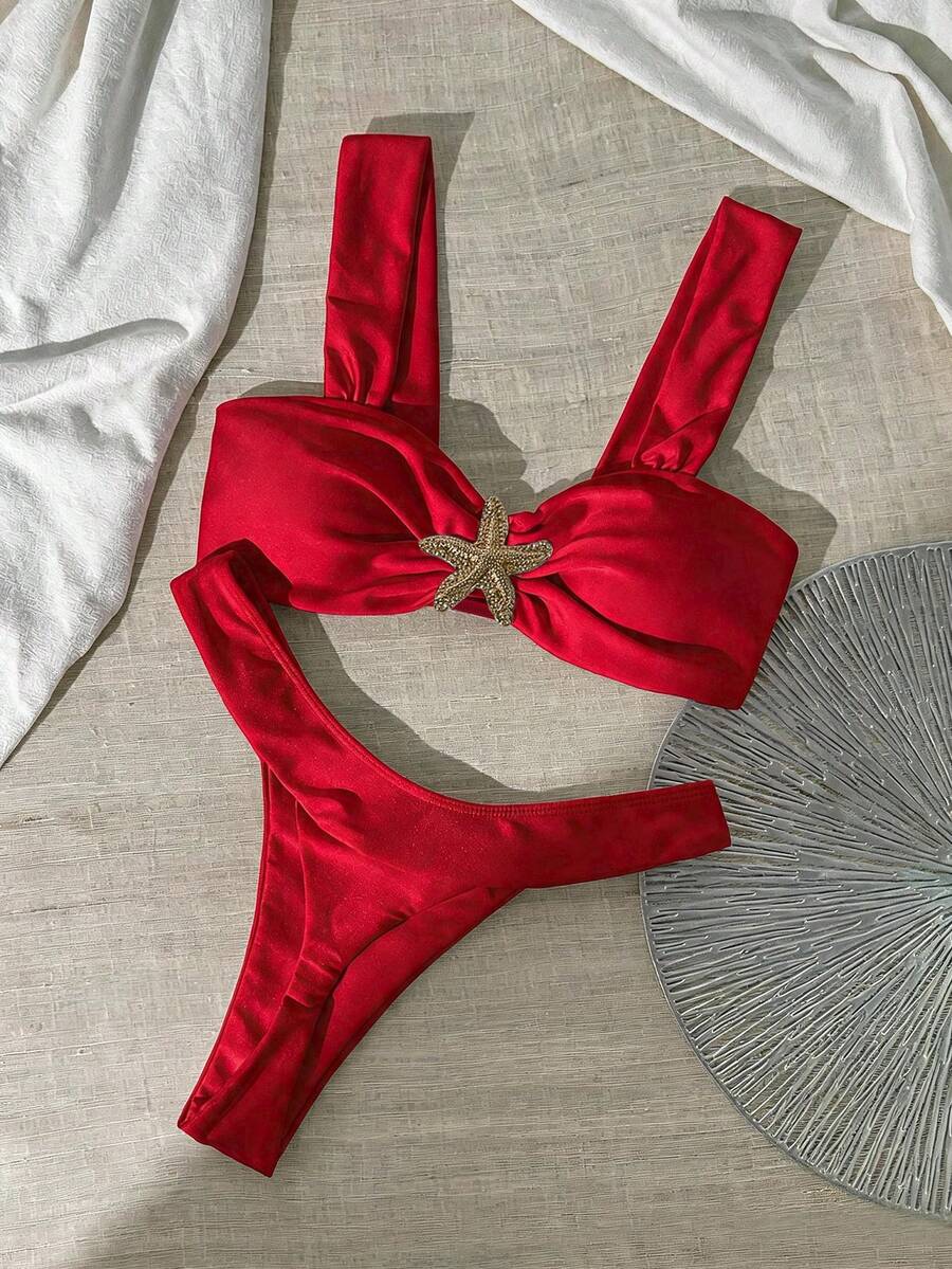 Swim Chiccia 女款夏季純色粗肩帶金屬裝飾度假泳衣套裝 - 紅色 - 查看 1