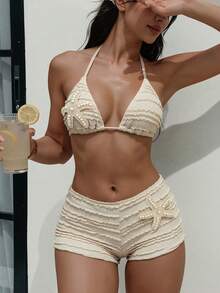 Swim SXY Summer Spring New Multi-Color Goose Yellow Textured Fabric Ocean Starfish Accessory Trim Straight Leg Pants Halter Neck Tie-Up Beach Vacation Women's Two Pieces Swimsuit Set - Apricot - View 1