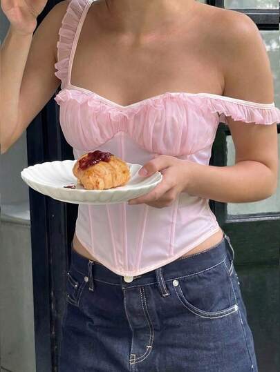 Aloruh Women's Elegant Sexy Corset Top, Suitable For Outings Night Out And Dates, Pair With Jeans, Patchwork, Butterfly Lace, Push-Up, Comfortable Boned Pink
