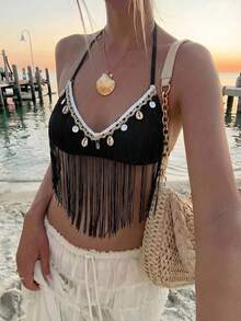 Aloruh Women's Vacation Shell Trim Tassel Design Fashion Sexy Halter Neck Tank Top - Black - View 3