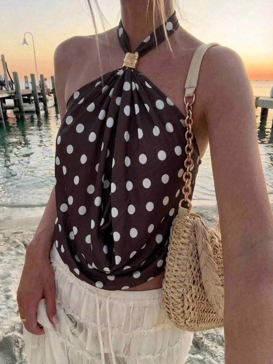 Aloruh 女士优雅性感波点度假衬衫，缎面印花休闲工作两相宜舒适上衣