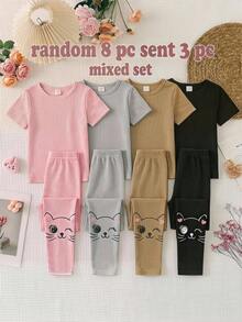 SHEIN 女童3件套卡通图案罗纹针织修身休闲打底裤，适合学校、校园、大学穿着 - 彩色 - 查看 4