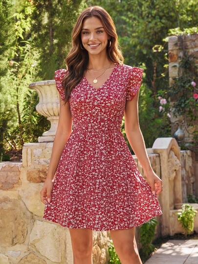 KARISMINA Women's Vacation Casual Boho Ditsy Floral Print Tie Back Open Back Mini Dress Holiday Vacation Red Floral Summer