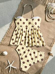 SHEIN Tween Girls Tankini Set, Knit Yellow Polka Dot Print With Metallic Star Decor, Halter Neck Ruffle Swimsuit, Beach Vacation - Yellow - View 2