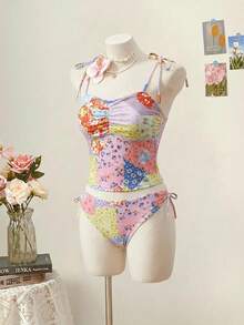 SHEIN MOD 女款夏季海灘花卉印花百褶坦基尼上衣與三角坦基尼下裝兩件式泳衣套裝 - 彩色 - 查看 3