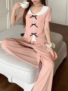 DAZY Women's Bow Decor Short Sleeve Top And Pants Pajama Set - Pink - View 4