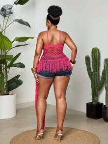 Maweii Plus Size Women's Knitwear, Knitted Top, Halter, Deep V Neckline, Asymmetric Hem, Flowers, Crochet Flowers, Openwork, Tassels, Fitted, Sexy, Women's Daily Commuting Top, Women's Clothing, Summer, Spring, Autumn, Vacation, Casual - Hot Pink - View 2