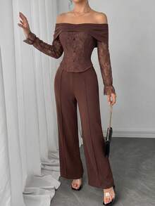 Modelyn French Style Off-Shoulder Square Neck Lace Patchwork Asymmetrical Long Sleeve Cropped Top & Wide Leg Trousers Women's High-End Elegant Slimming Suit Set - Brown - View 4